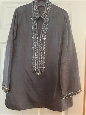 Soft Surroundings Beaded Tunic Blouse - Slate Gray with Silver Accents
